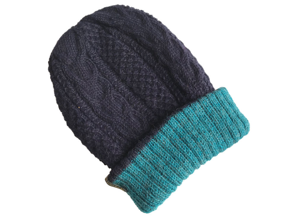 Reversible Hand Knit Alpaca Beanie - Navy/Teal Melange - 2