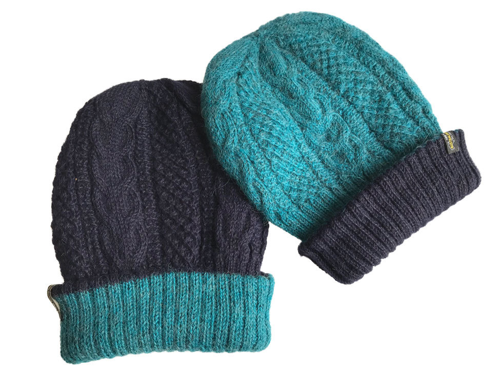 Reversible Hand Knit Alpaca Beanie - Navy/Teal Melange - 3