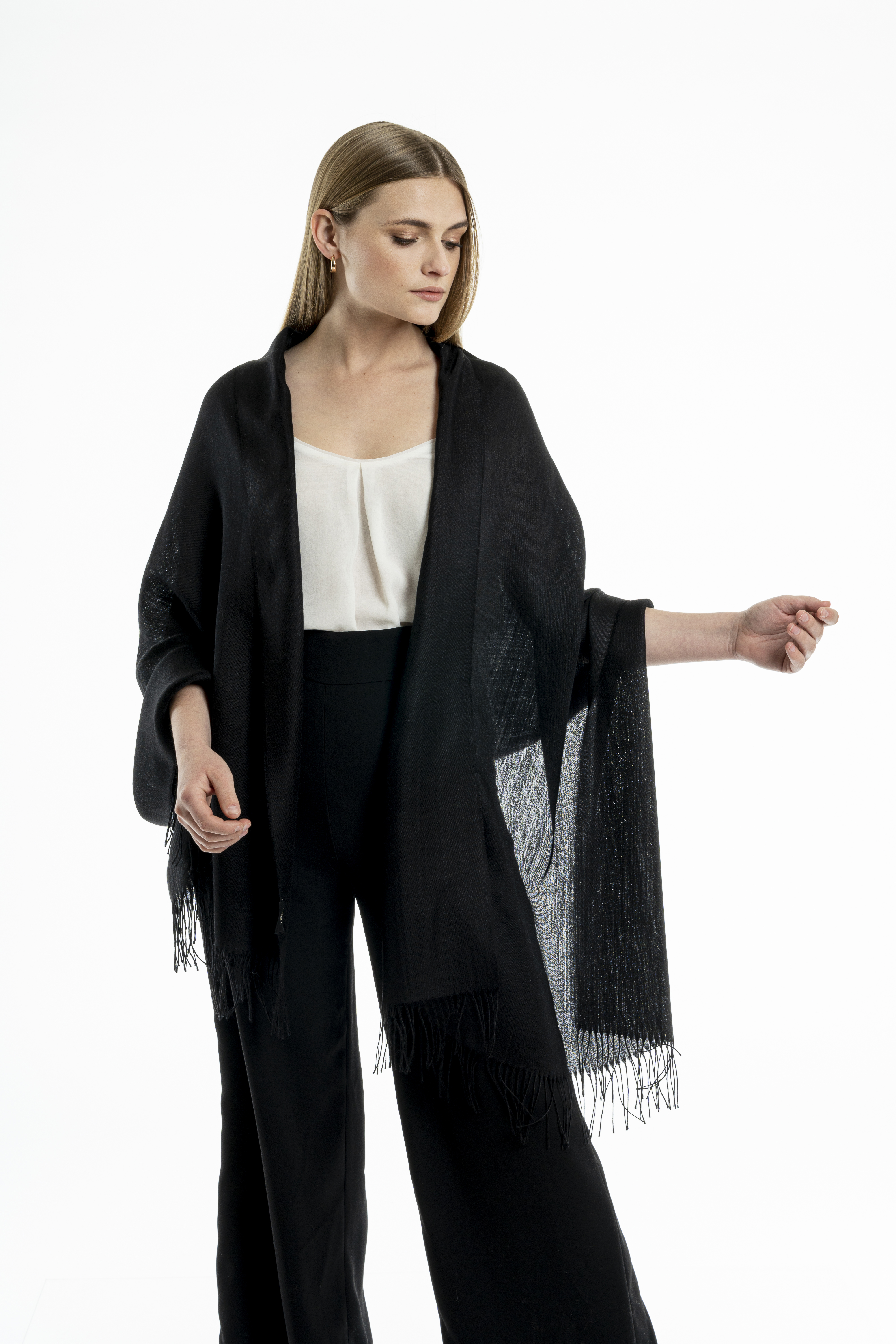 Alpaca & Silk Sateen Shawl - Black - 2