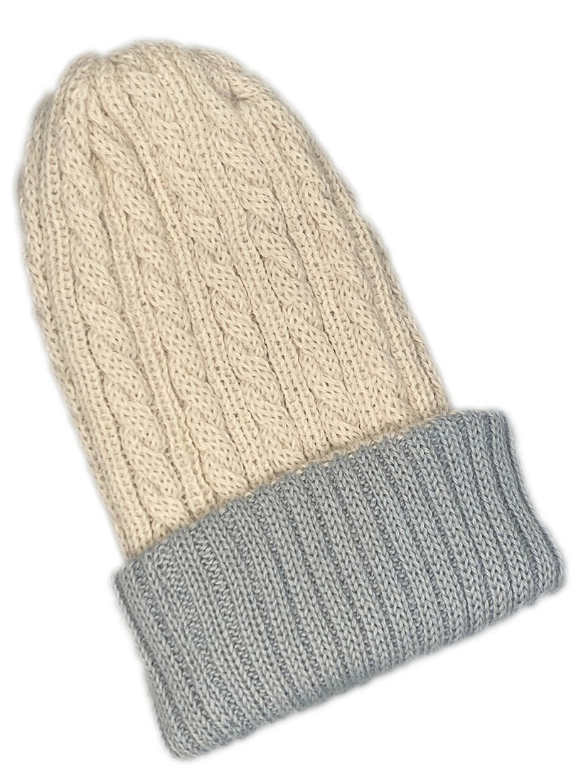 NEW - Reversible Hand Knit Alpaca Beanie - Pale Blue/Cream - 2