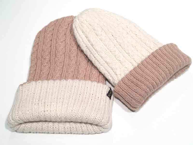 Reversible Hand Knit Alpaca Beanie - Camel/Cream - 2