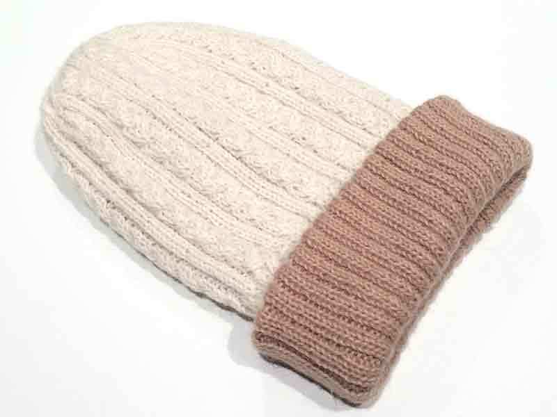 Reversible Hand Knit Alpaca Beanie - Camel/Cream - 3