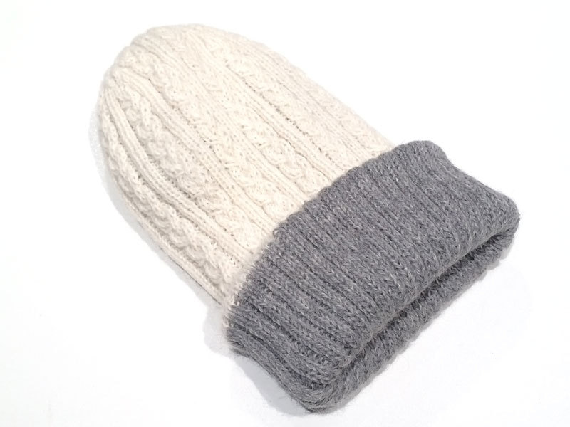 Reversible Hand Knit Alpaca Beanie - Silver/Cream - 3